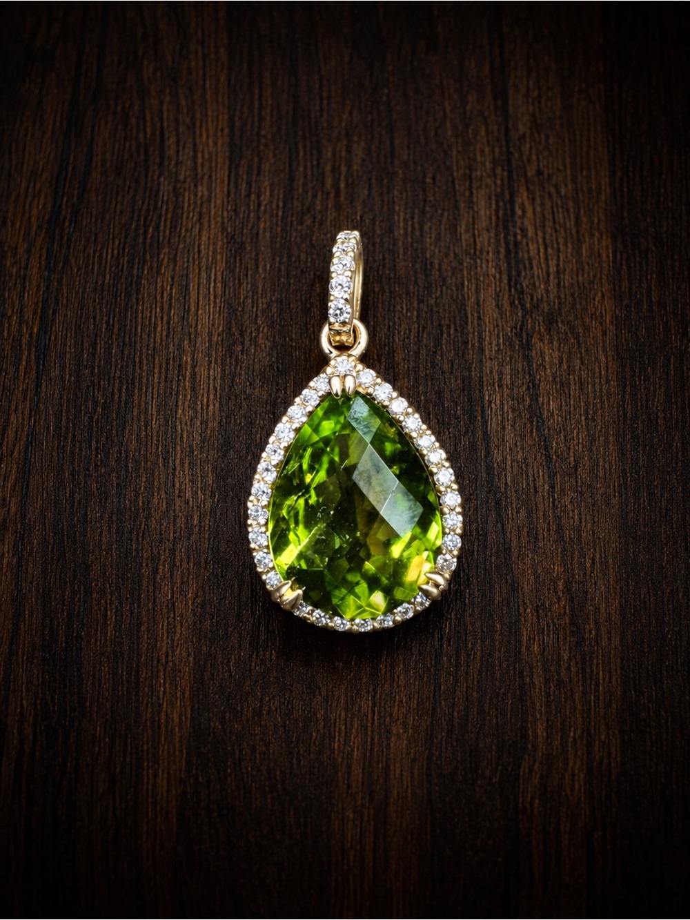 14k yellow gold genuine Peridot Teardrop Pendant with natural Diamond Halo